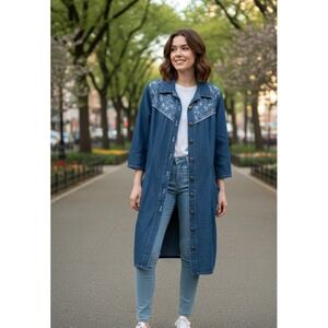 Ransom Shirt Dress Womens 16W Blue Denim Cotton Floral Western Casual Button‎ Up